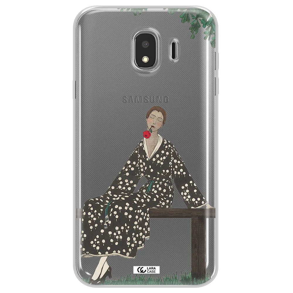 a woman sitting on a bench Samsung J4 Clear TPU Case