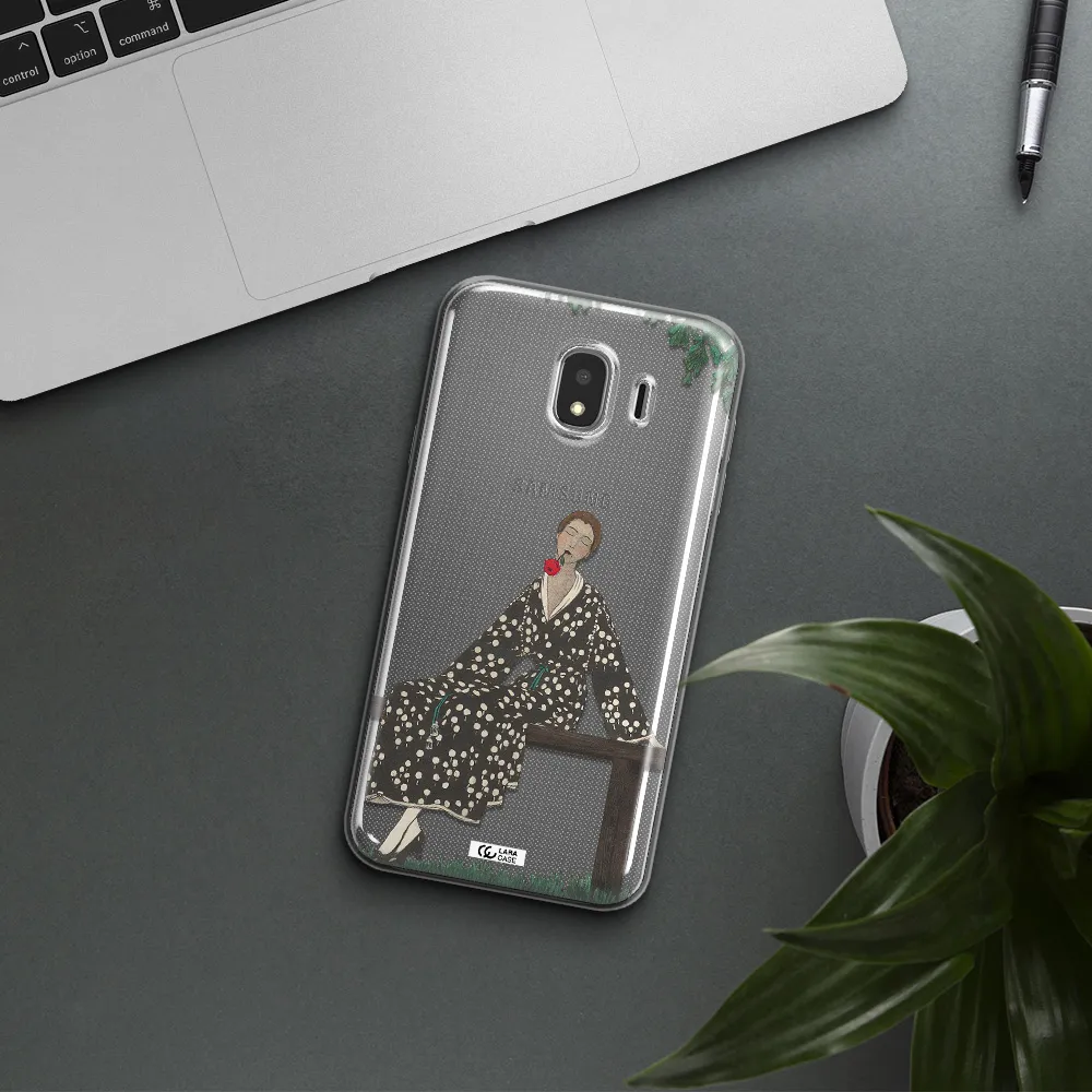 a woman sitting on a bench Samsung J4 Clear TPU Case