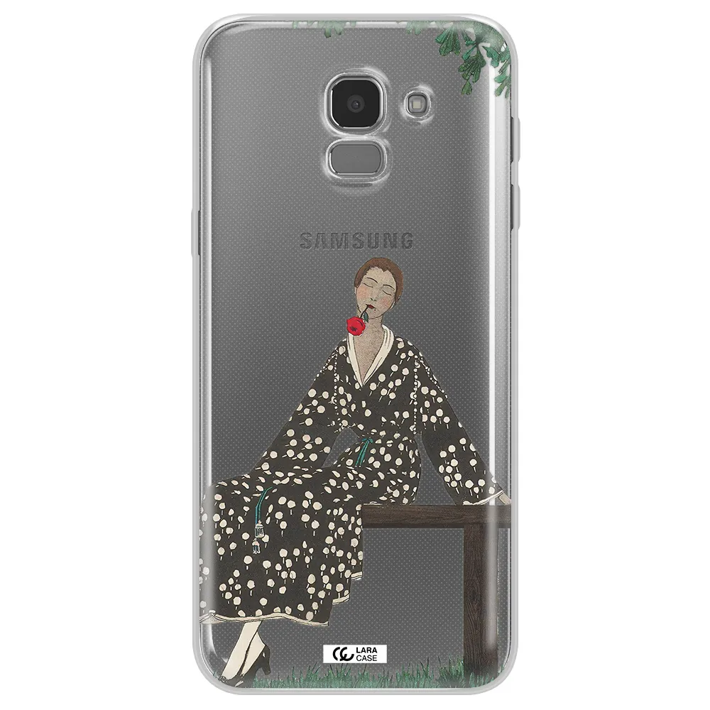 a woman sitting on a bench Samsung J6 Clear TPU Case