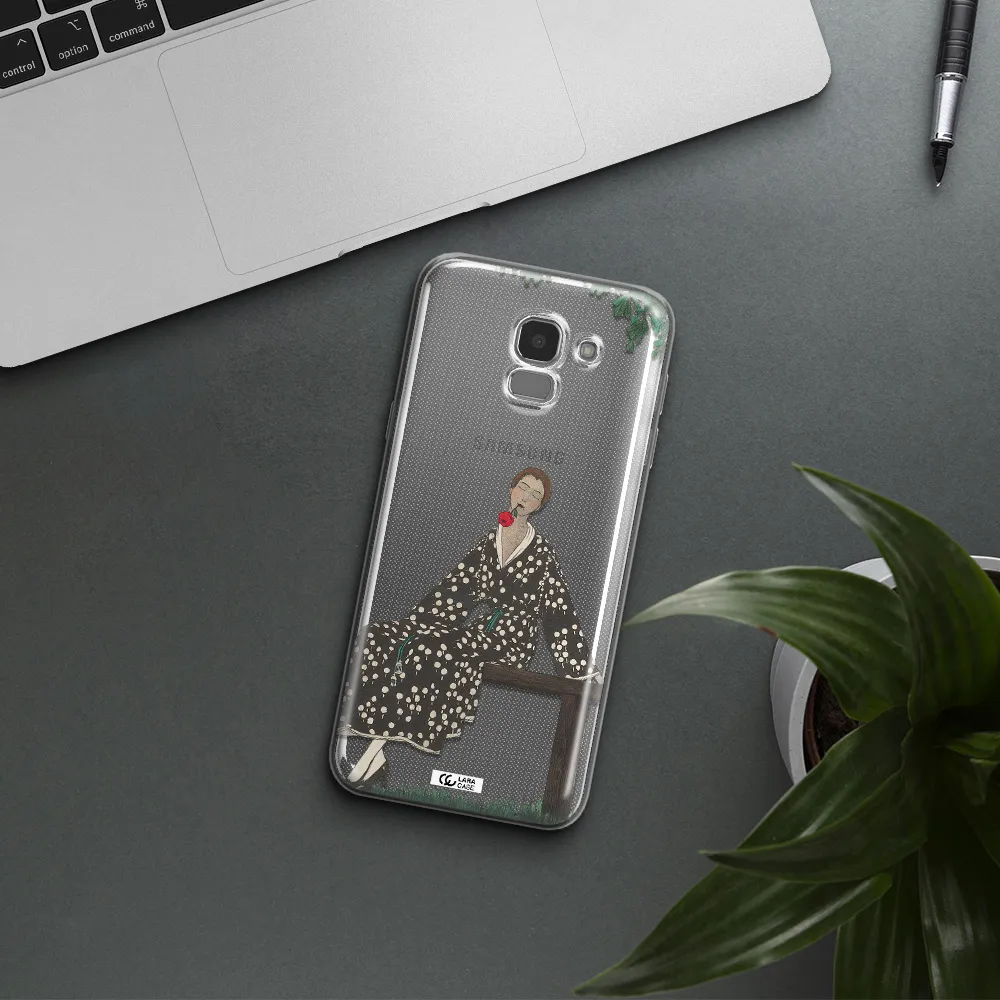 a woman sitting on a bench Samsung J6 Clear TPU Case