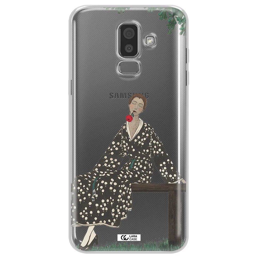 a woman sitting on a bench Samsung J8 Clear TPU Case