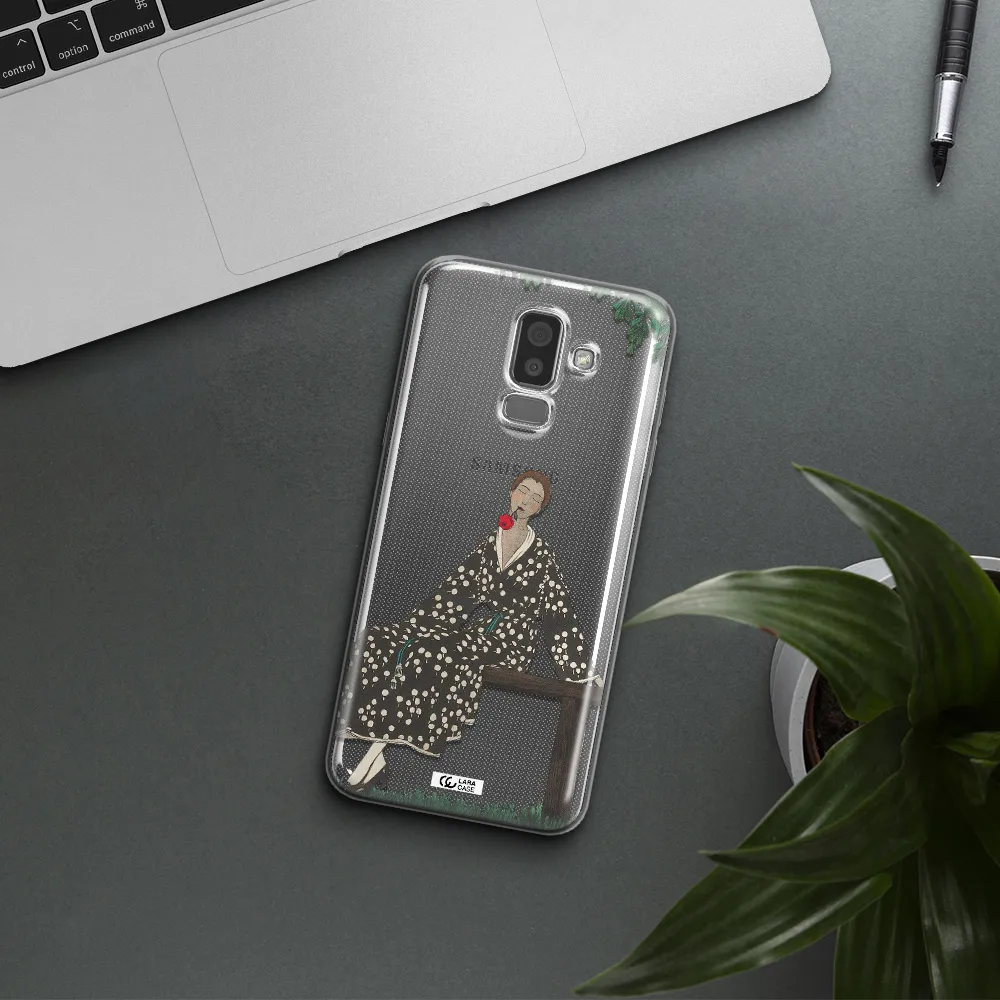 a woman sitting on a bench Samsung J8 Clear TPU Case