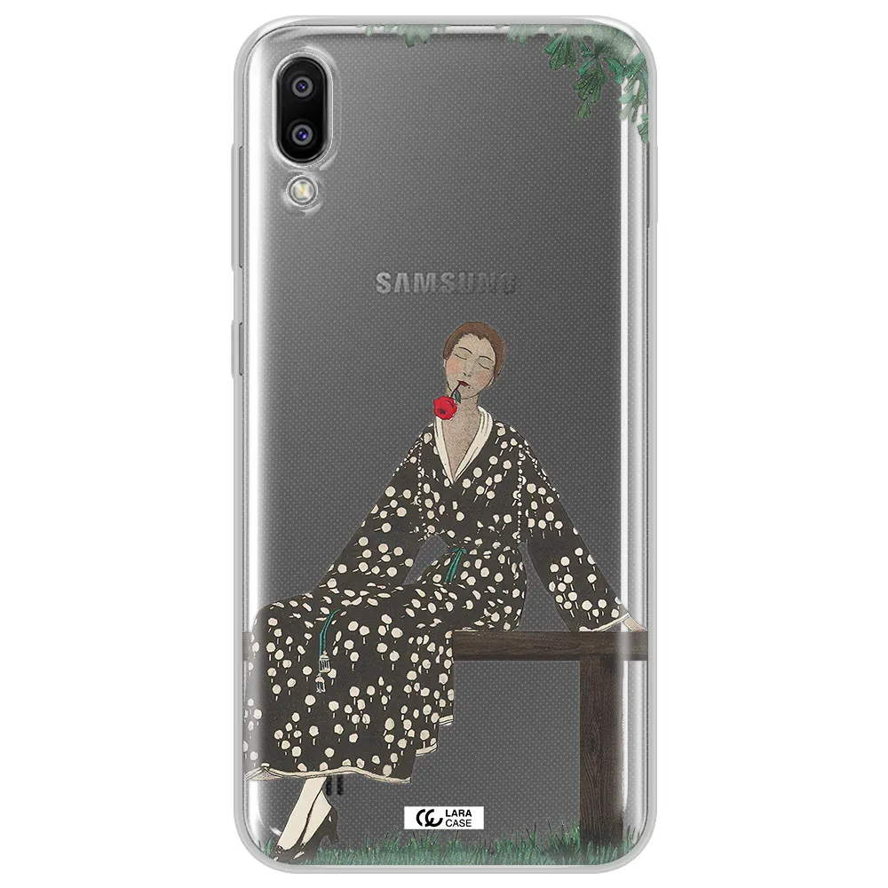 a woman sitting on a bench Samsung M10 Clear TPU Case