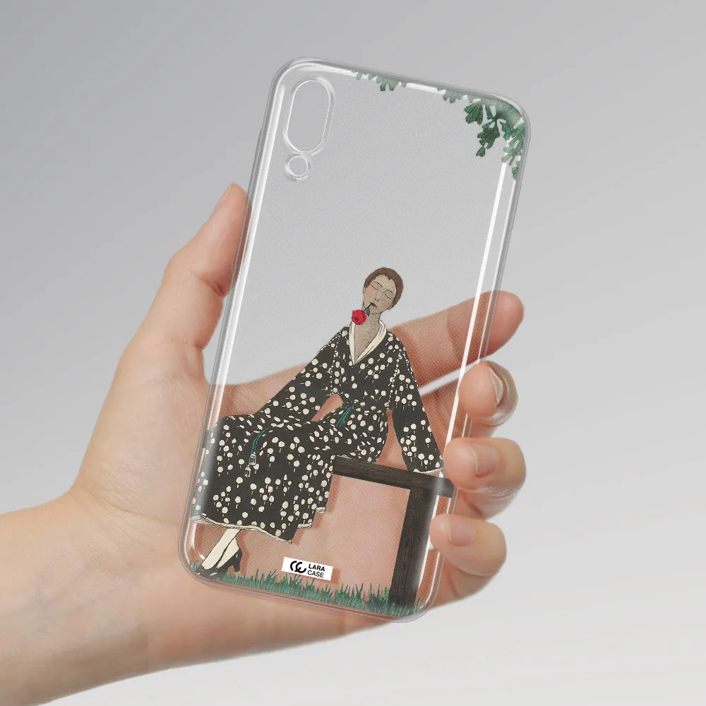 a woman sitting on a bench Samsung M10 Clear TPU Case