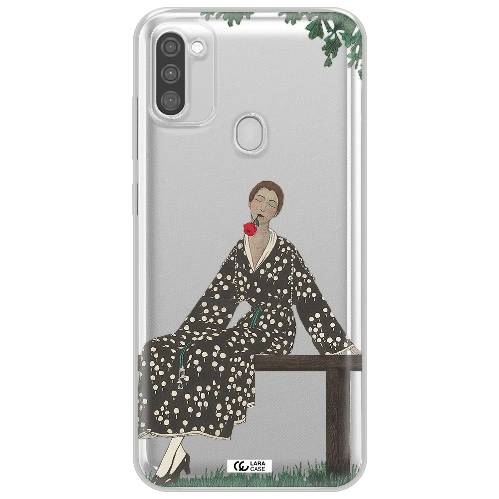 a woman sitting on a bench Samsung M11 Clear TPU Case