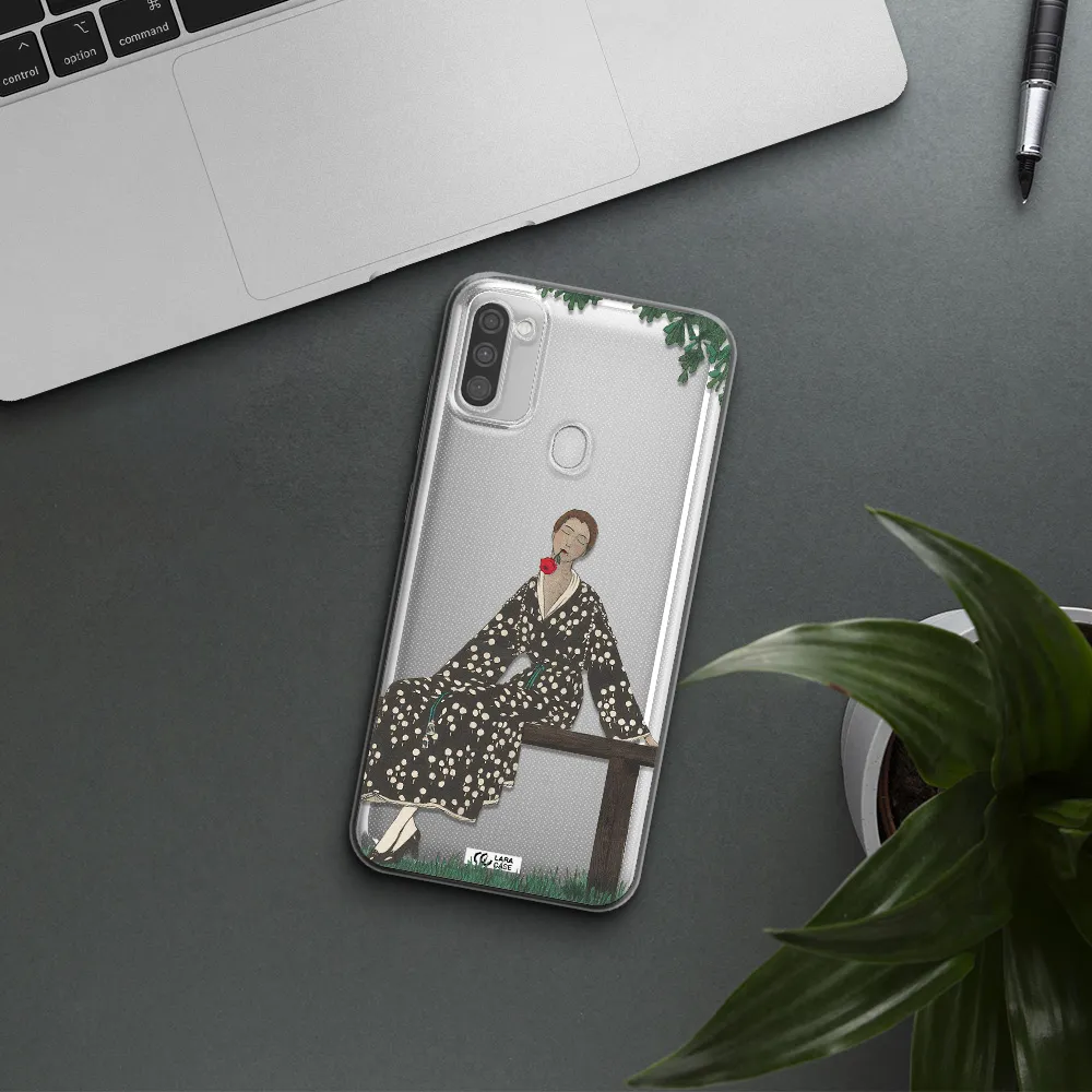 a woman sitting on a bench Samsung M11 Clear TPU Case