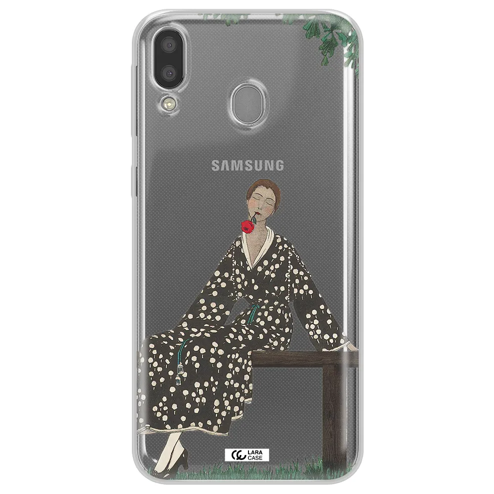 a woman sitting on a bench Samsung M20 Clear TPU Case