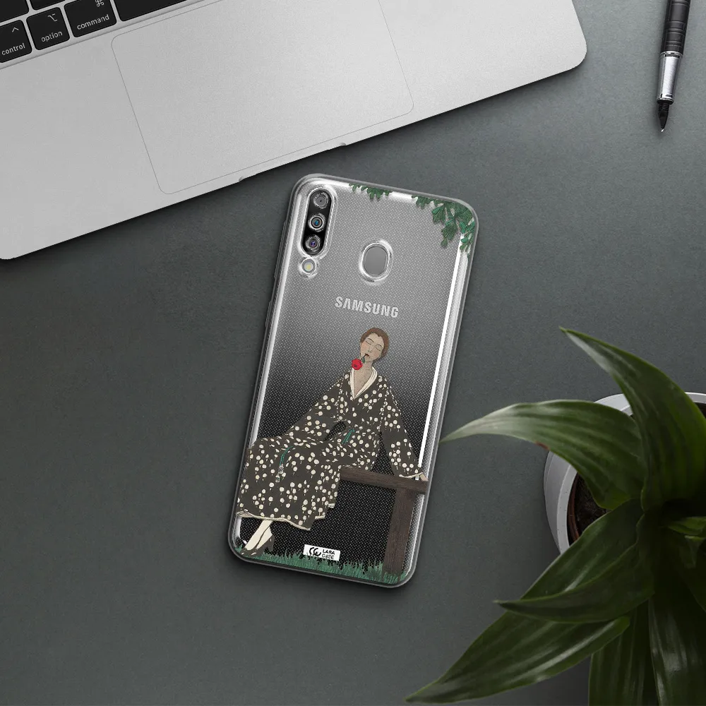 a woman sitting on a bench Samsung M30 Clear TPU Case