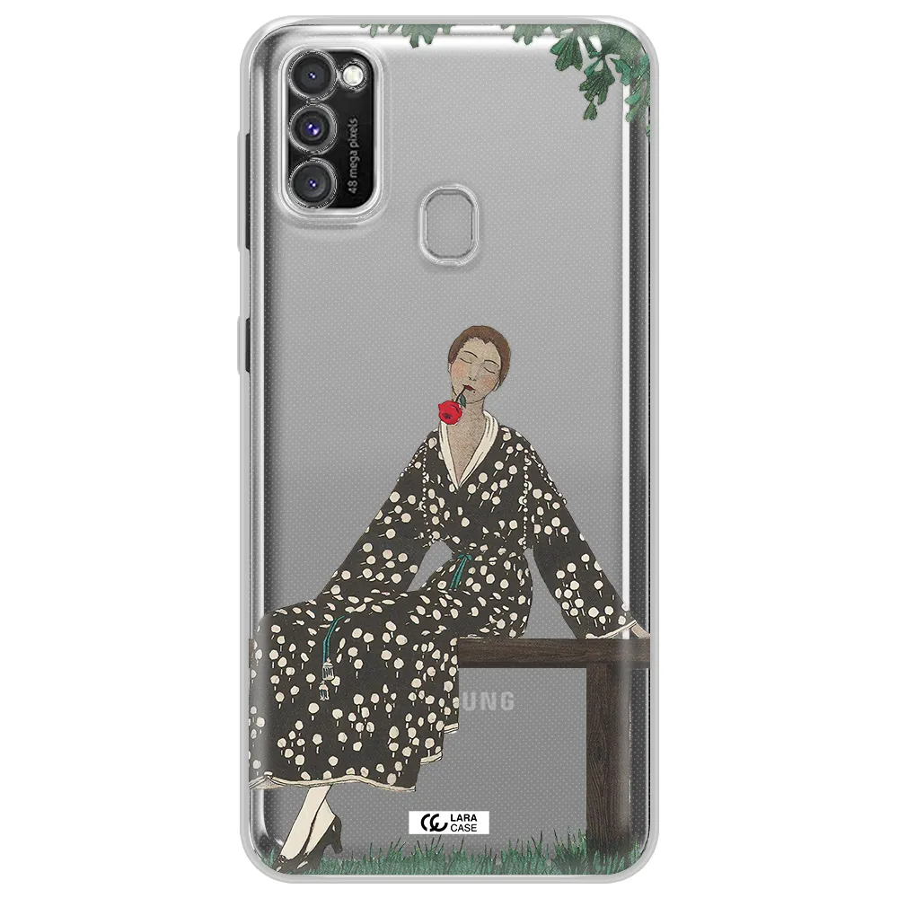 a woman sitting on a bench Samsung M30S Clear TPU Case