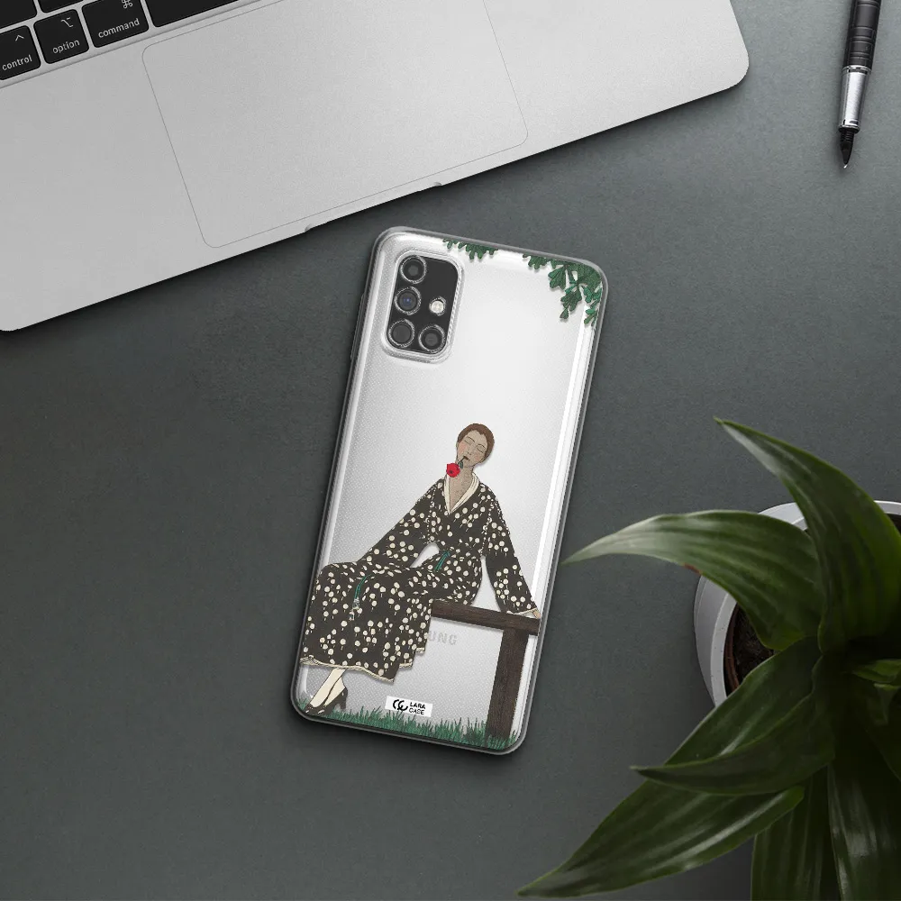 a woman sitting on a bench Samsung M31S Clear TPU Case