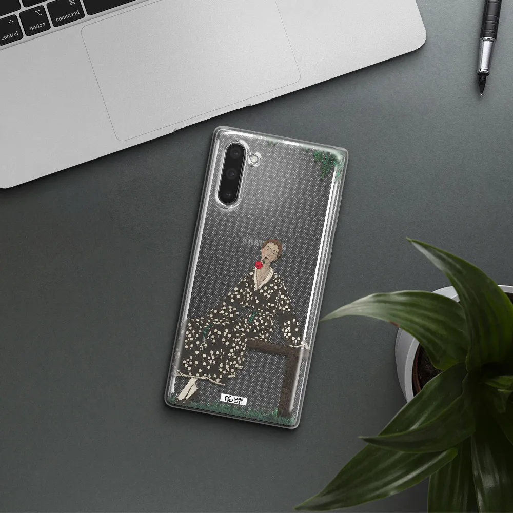 a woman sitting on a bench Samsung Note 10 Clear TPU Case