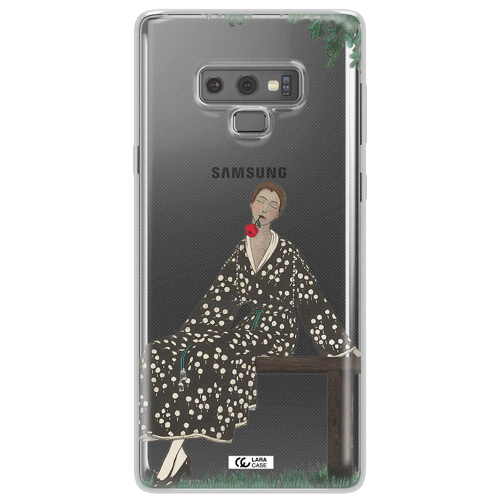 a woman sitting on a bench Samsung Note 9 Clear TPU Case