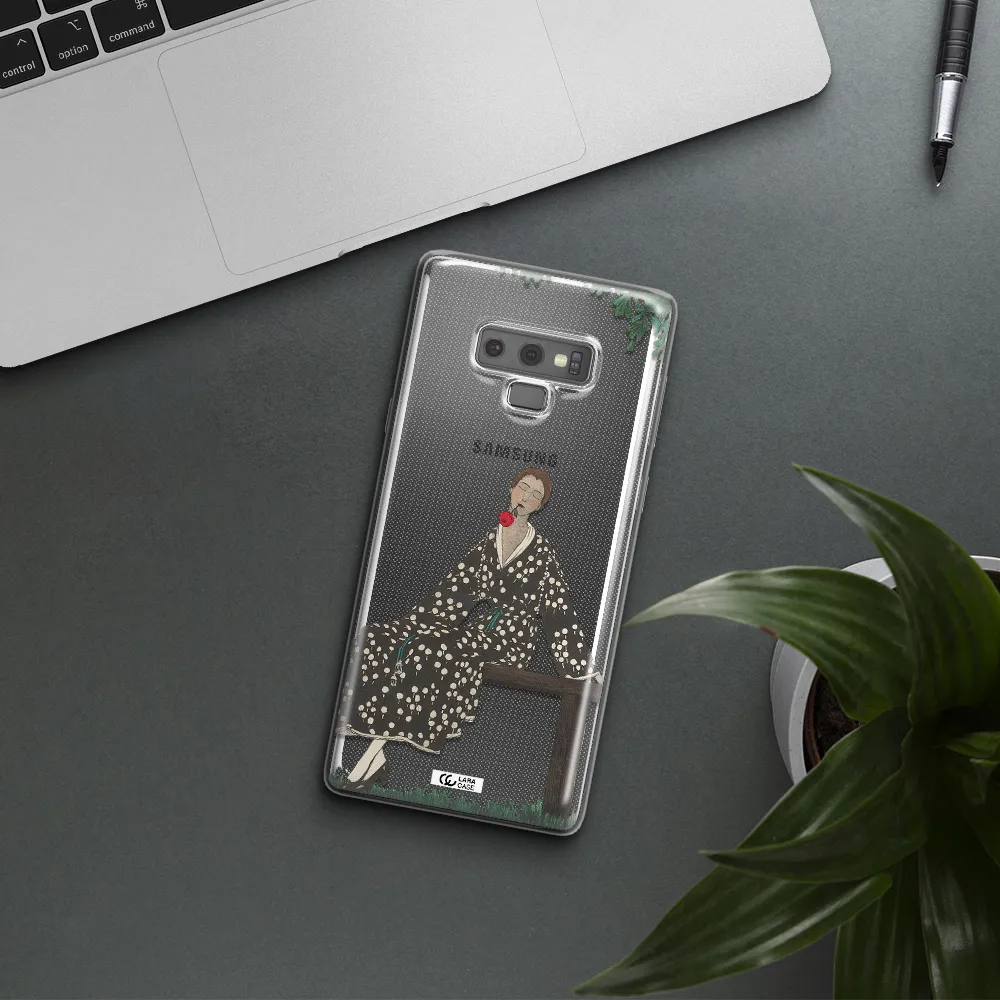 a woman sitting on a bench Samsung Note 9 Clear TPU Case