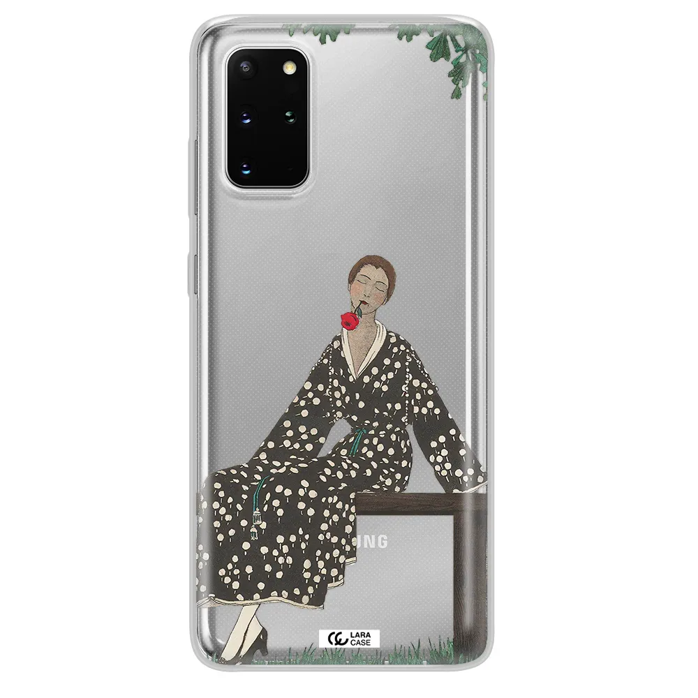 a woman sitting on a bench Samsung S 20 Plus Clear TPU Case