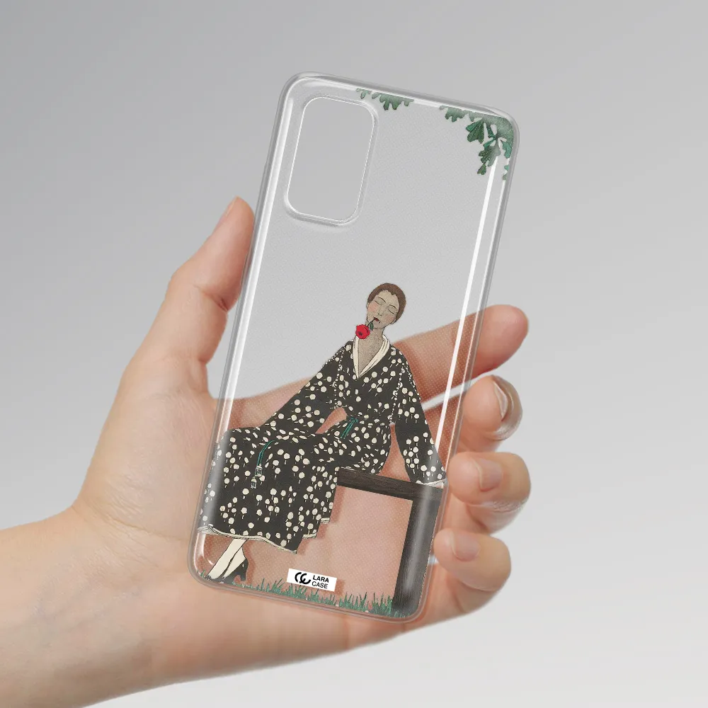 a woman sitting on a bench Samsung S 20 Plus Clear TPU Case