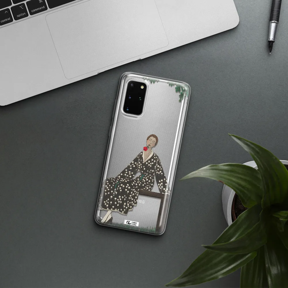 a woman sitting on a bench Samsung S 20 Plus Clear TPU Case