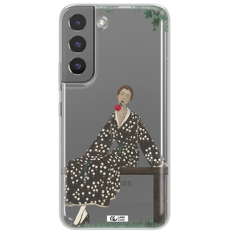 a woman sitting on a bench Samsung S 22 Plus Clear TPU Case