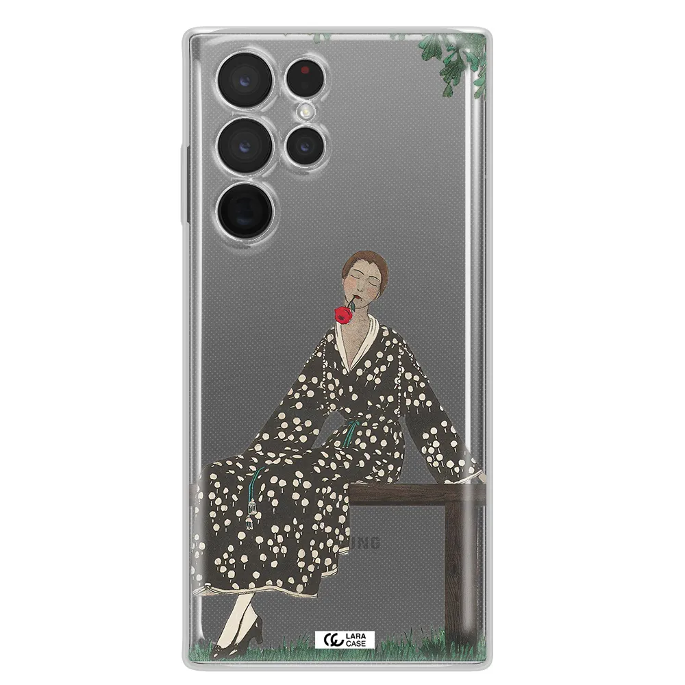 a woman sitting on a bench Samsung S 22 Ultra Clear TPU Case