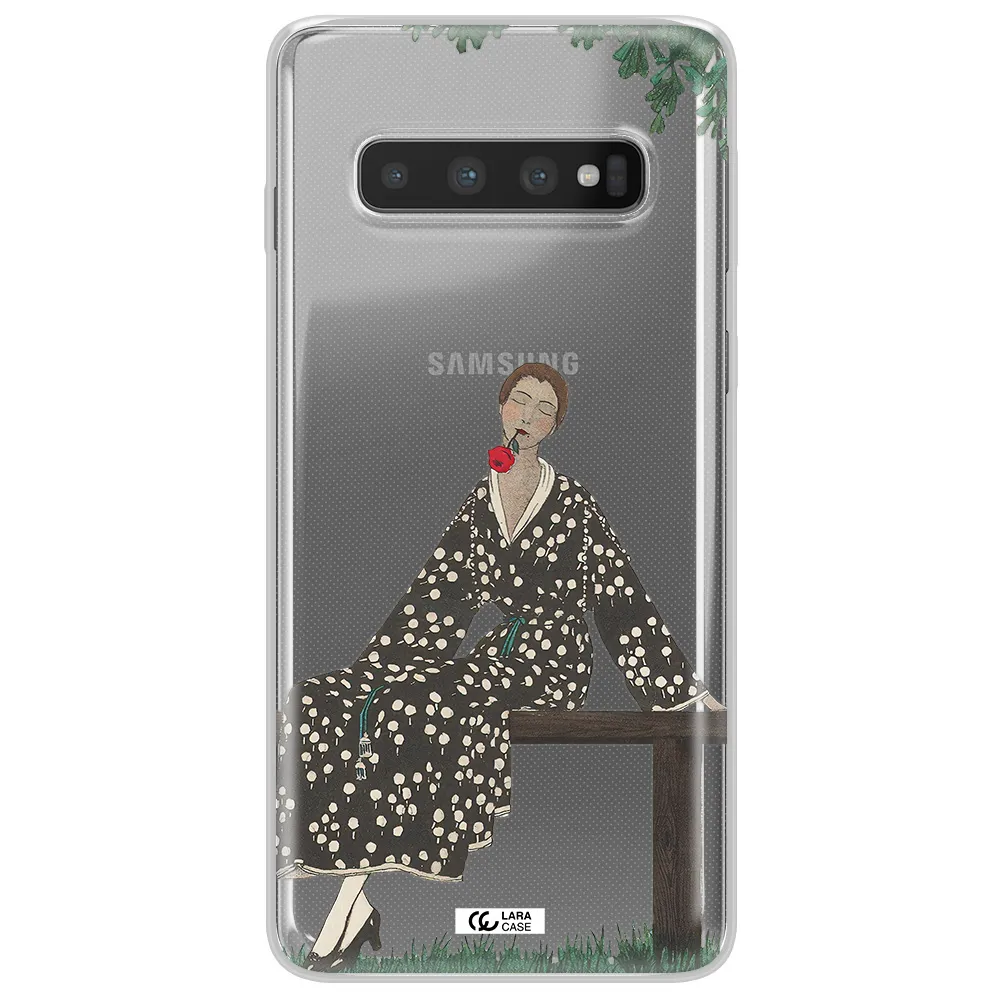 a woman sitting on a bench Samsung S10 Clear TPU Case