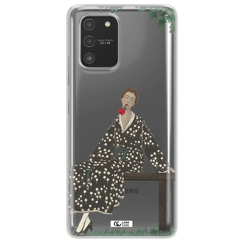 a woman sitting on a bench Samsung S10 Lite Clear TPU Case