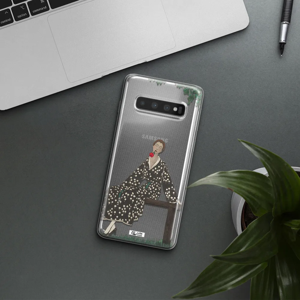 a woman sitting on a bench Samsung S10 Plus Clear TPU Case