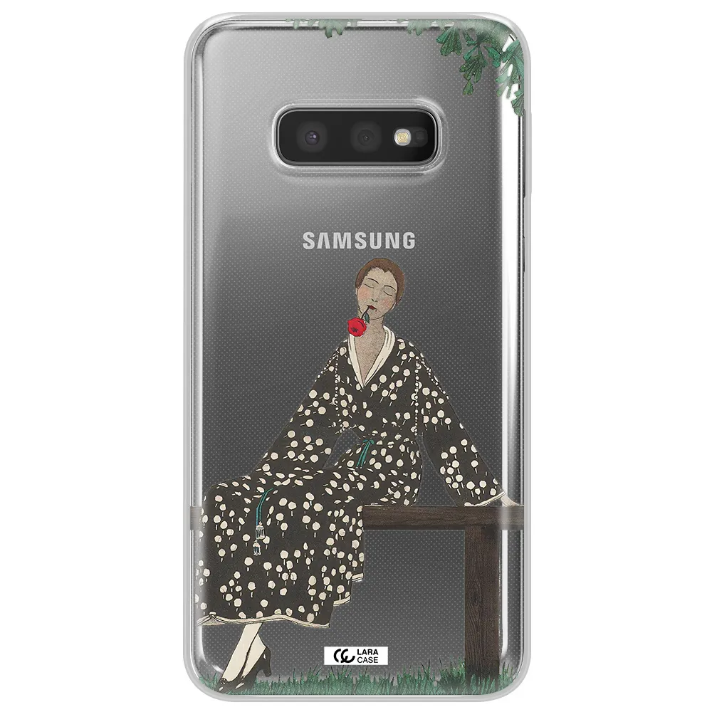 a woman sitting on a bench Samsung S10e Clear TPU Case
