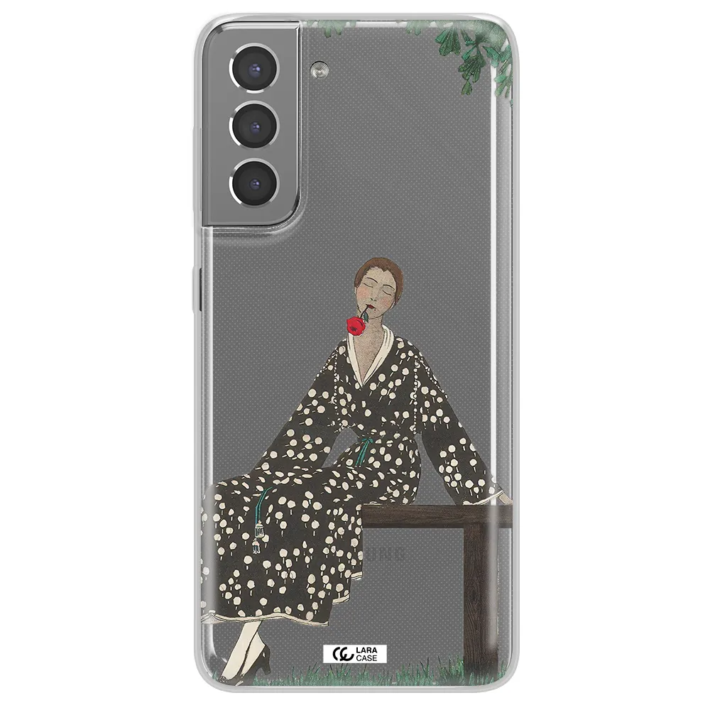 a woman sitting on a bench Samsung S21 Clear TPU Case