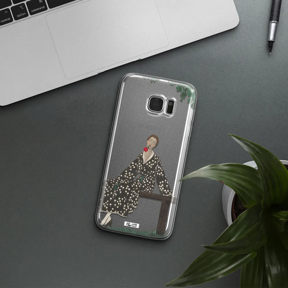 a woman sitting on a bench Samsung S7 Edge Clear TPU Case