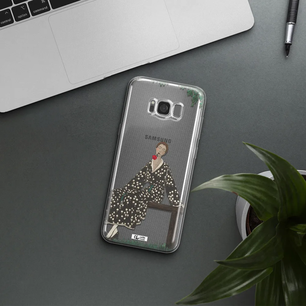 a woman sitting on a bench Samsung S8 Plus Clear TPU Case