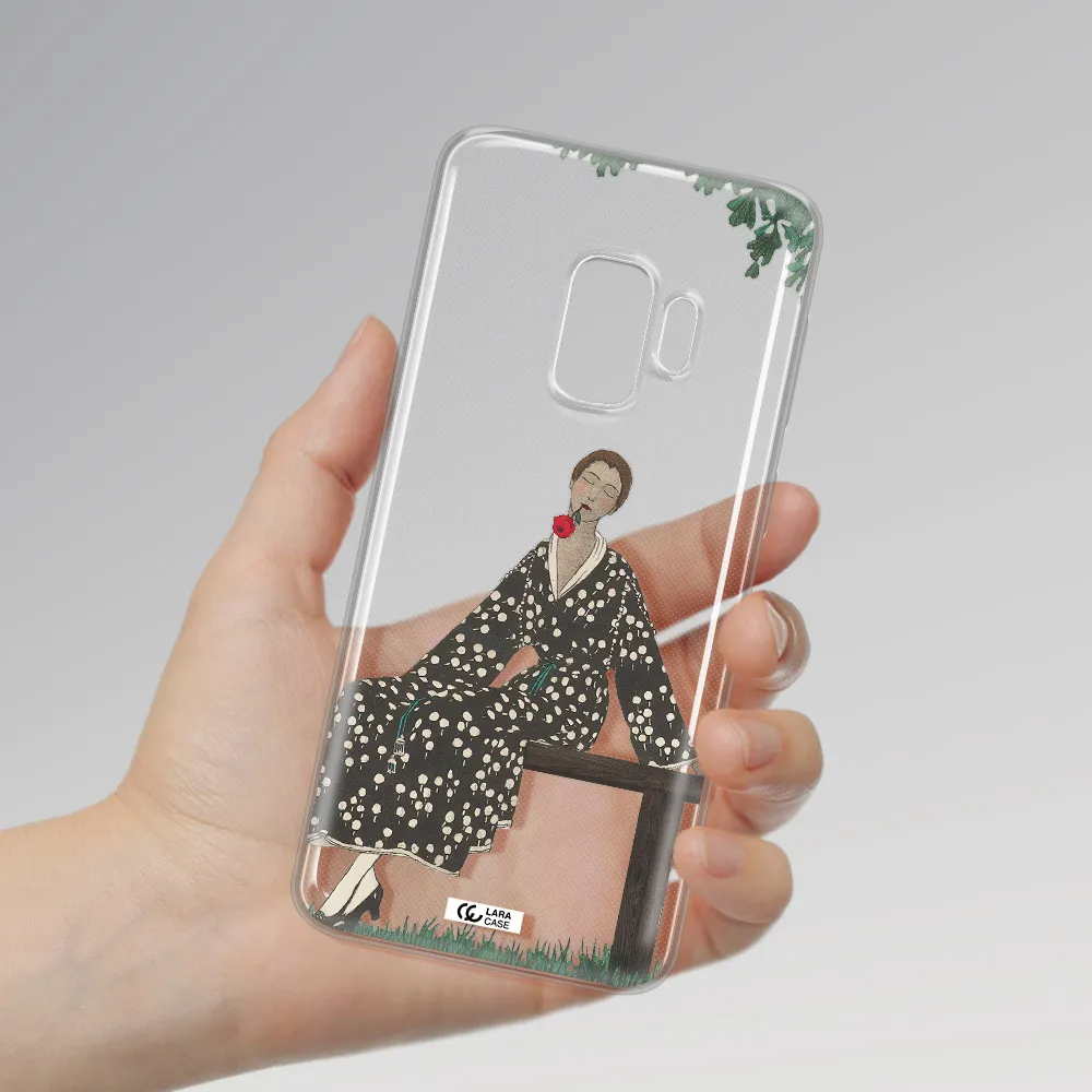 a woman sitting on a bench Samsung S9 Clear TPU Case
