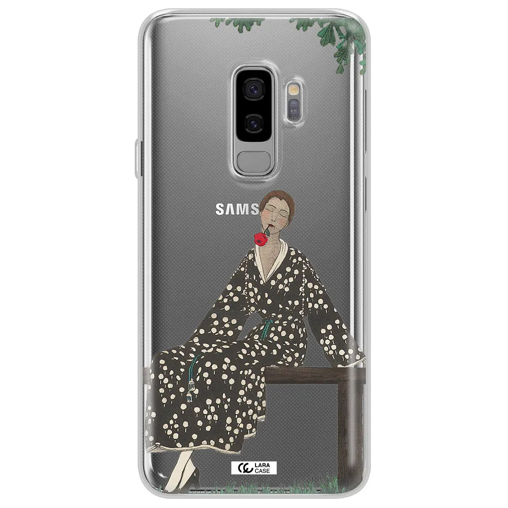 a woman sitting on a bench Samsung S9 Plus Clear TPU Case