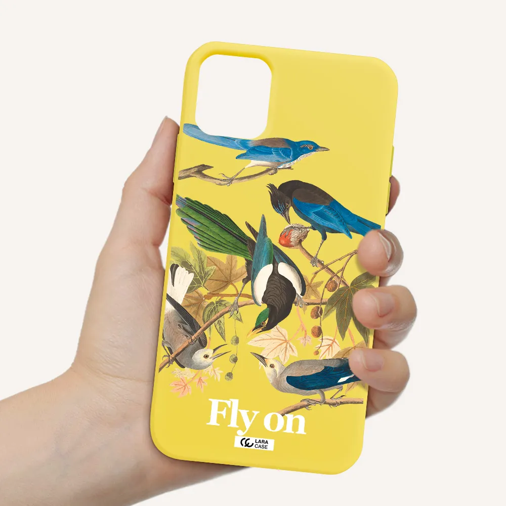 a group of birds on a branch Apple iPhone 11 Silicone canary yellow Case
