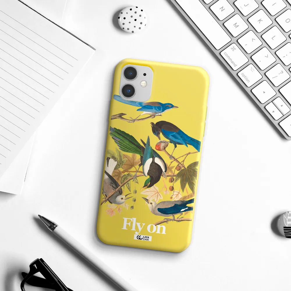 a group of birds on a branch Apple iPhone 11 Silicone canary yellow Case