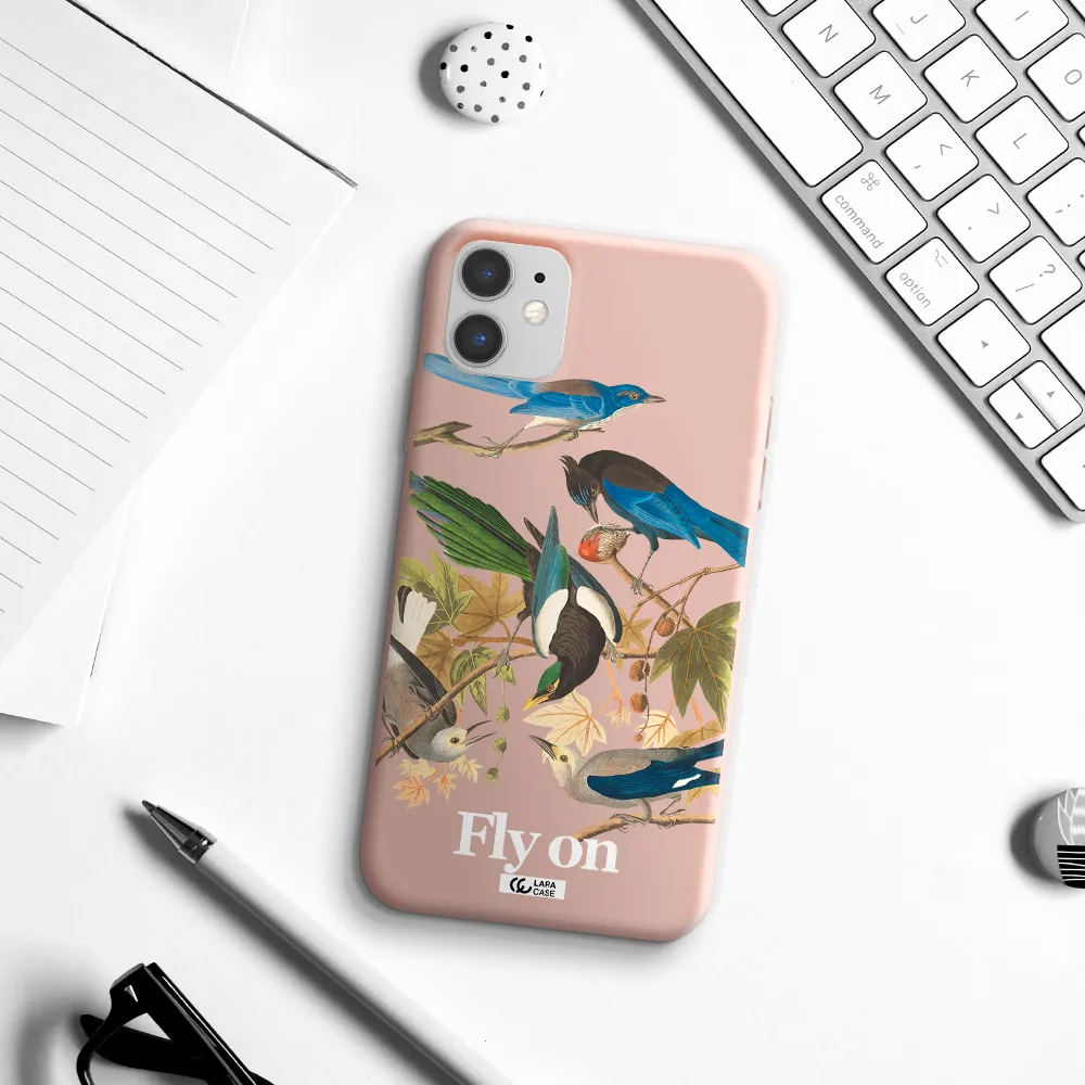 a group of birds on a branch Apple iPhone 11 Silicone pastel pink Case