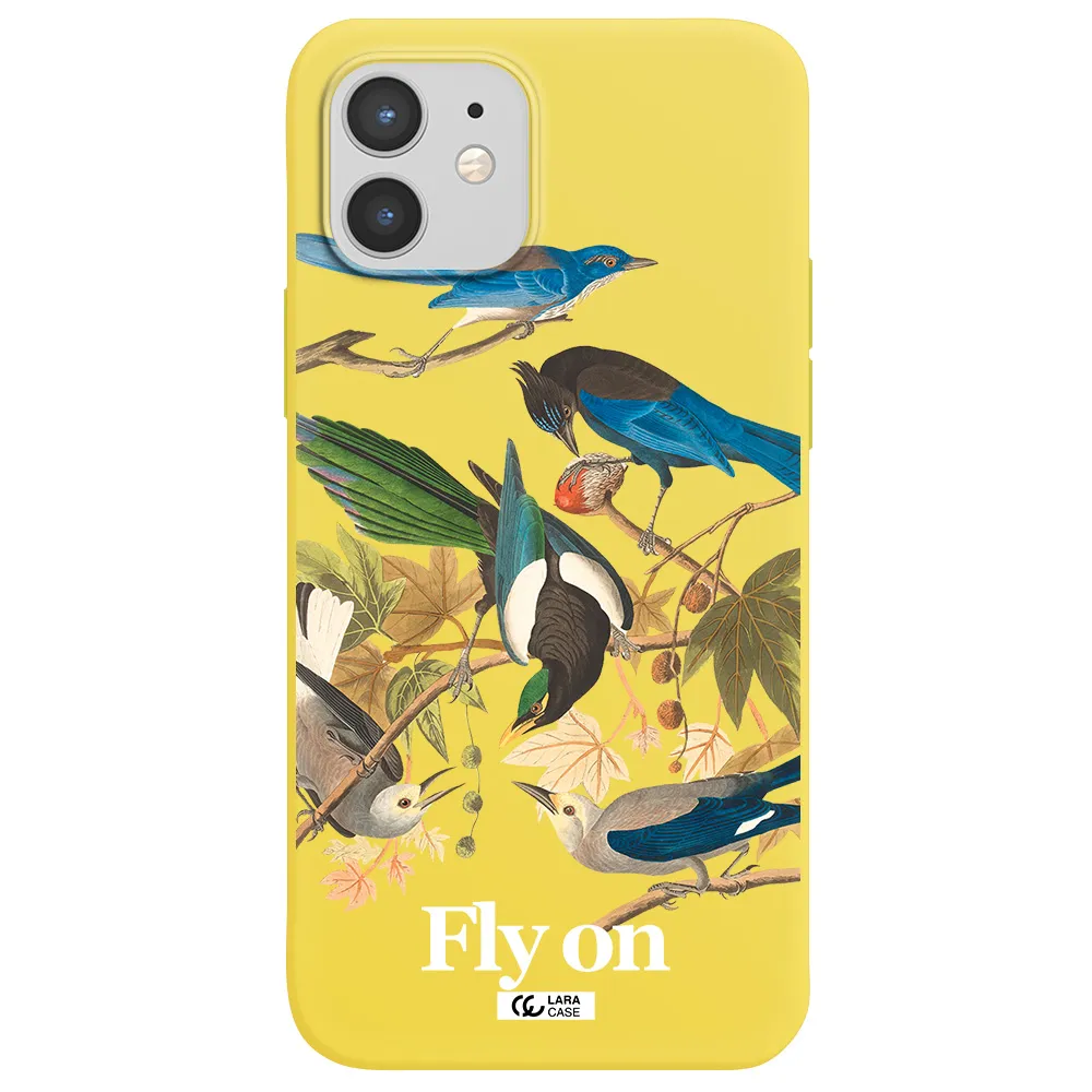 a group of birds on a branch Apple iPhone 12 Silicone canary yellow Case