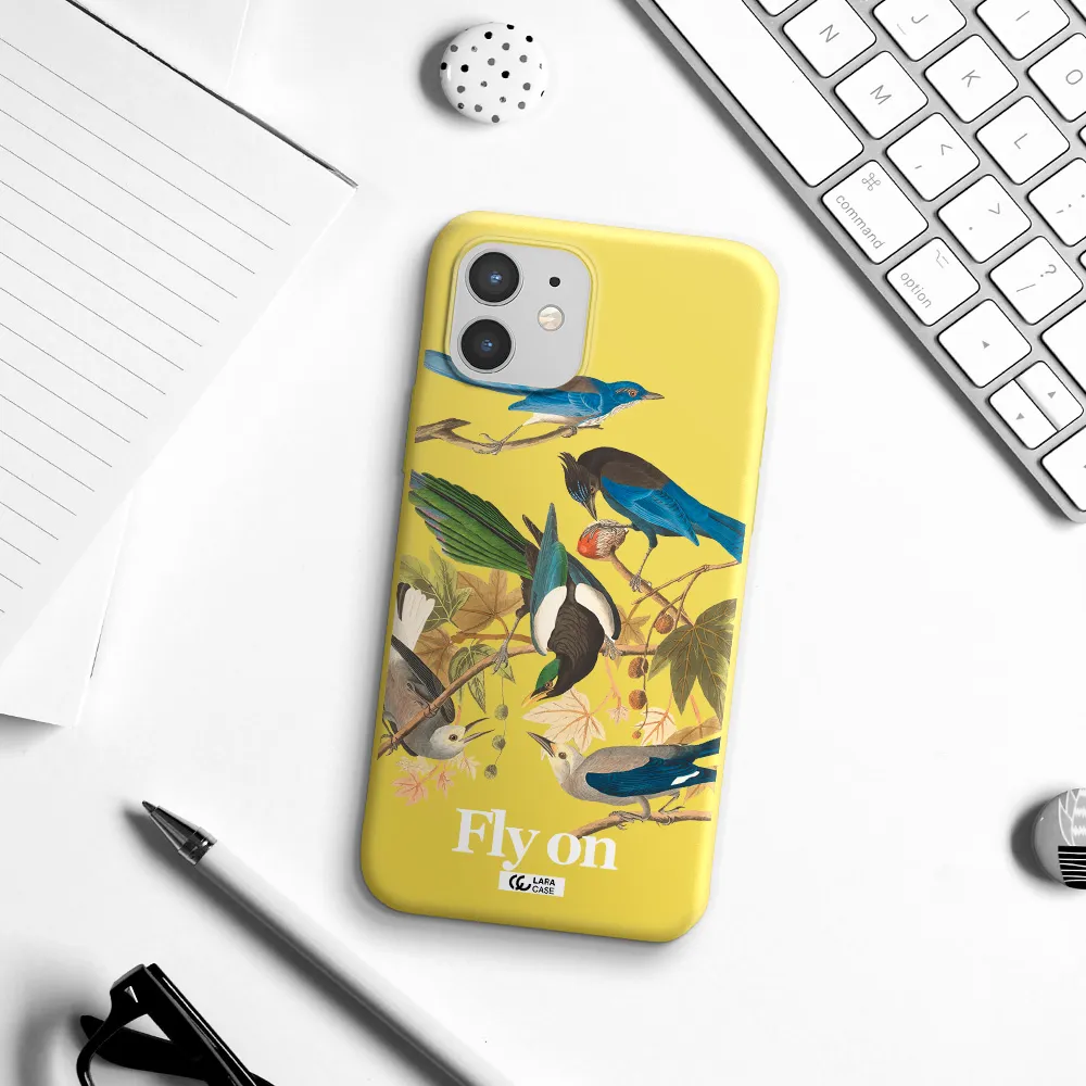 a group of birds on a branch Apple iPhone 12 Silicone canary yellow Case