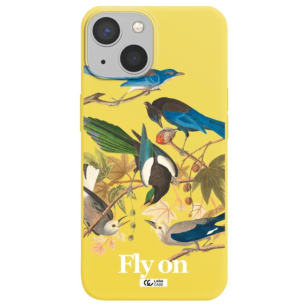 a group of birds on a branch Apple iPhone 13 mini Silicone canary yellow Case