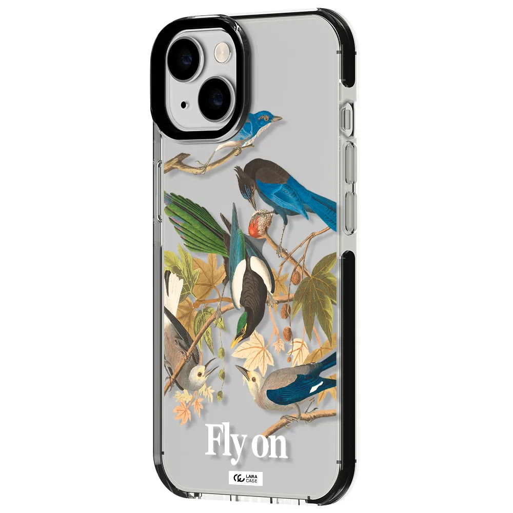 a group of birds on a branch Apple iPhone 14 impact black border Case