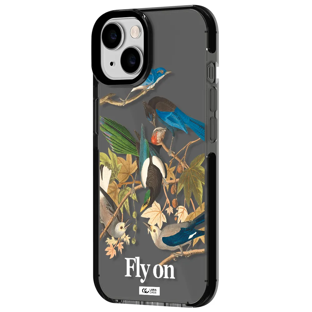 a group of birds on a branch Apple iPhone 14 impact Smoke Black Case