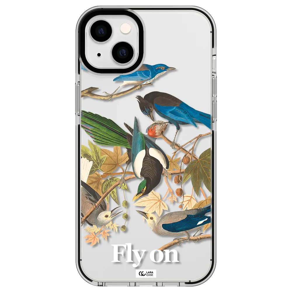 a group of birds on a branch Apple iPhone 14 plus impact black border Case