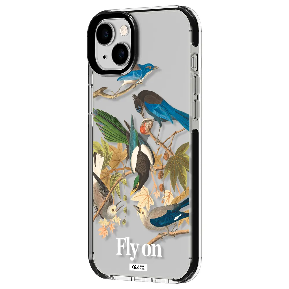 a group of birds on a branch Apple iPhone 14 plus impact black border Case