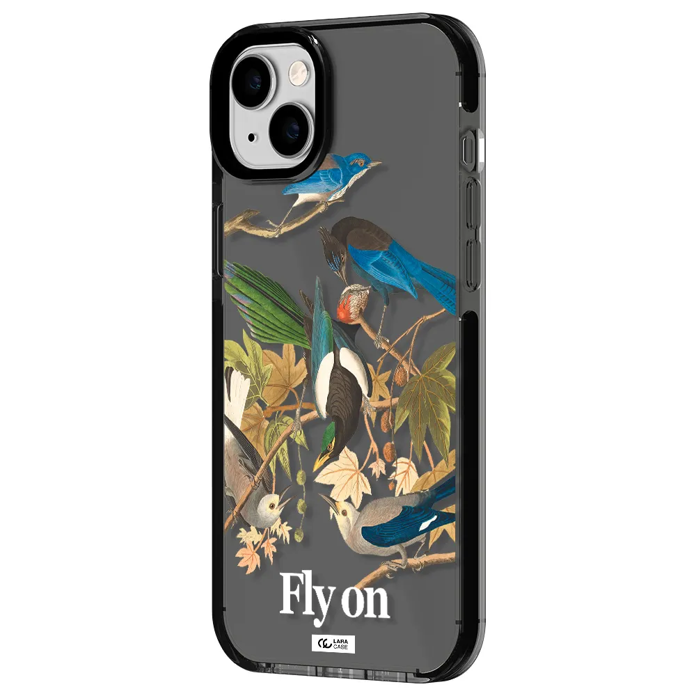 a group of birds on a branch Apple iPhone 14 plus impact Smoke Black Case