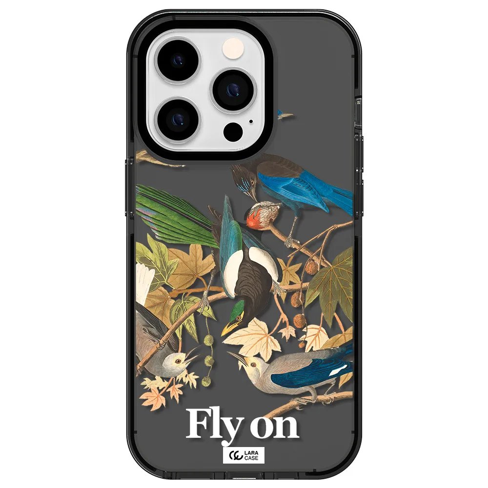 a group of birds on a branch Apple iPhone 14 pro impact Smoke Black Case