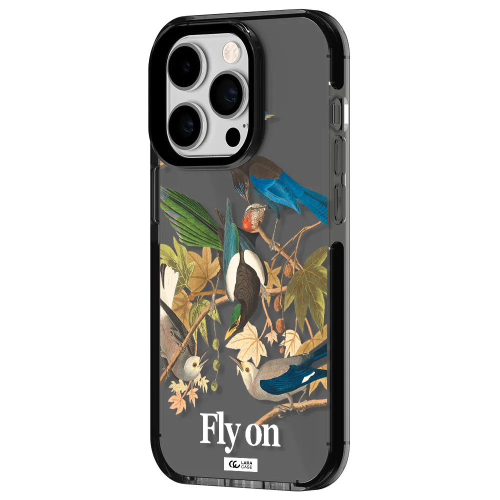 a group of birds on a branch Apple iPhone 14 pro impact Smoke Black Case