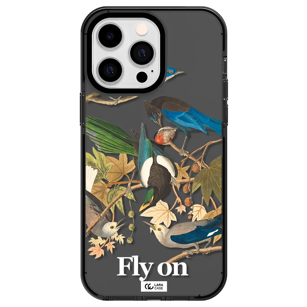 a group of birds on a branch Apple iPhone 14 pro max impact Smoke Black Case