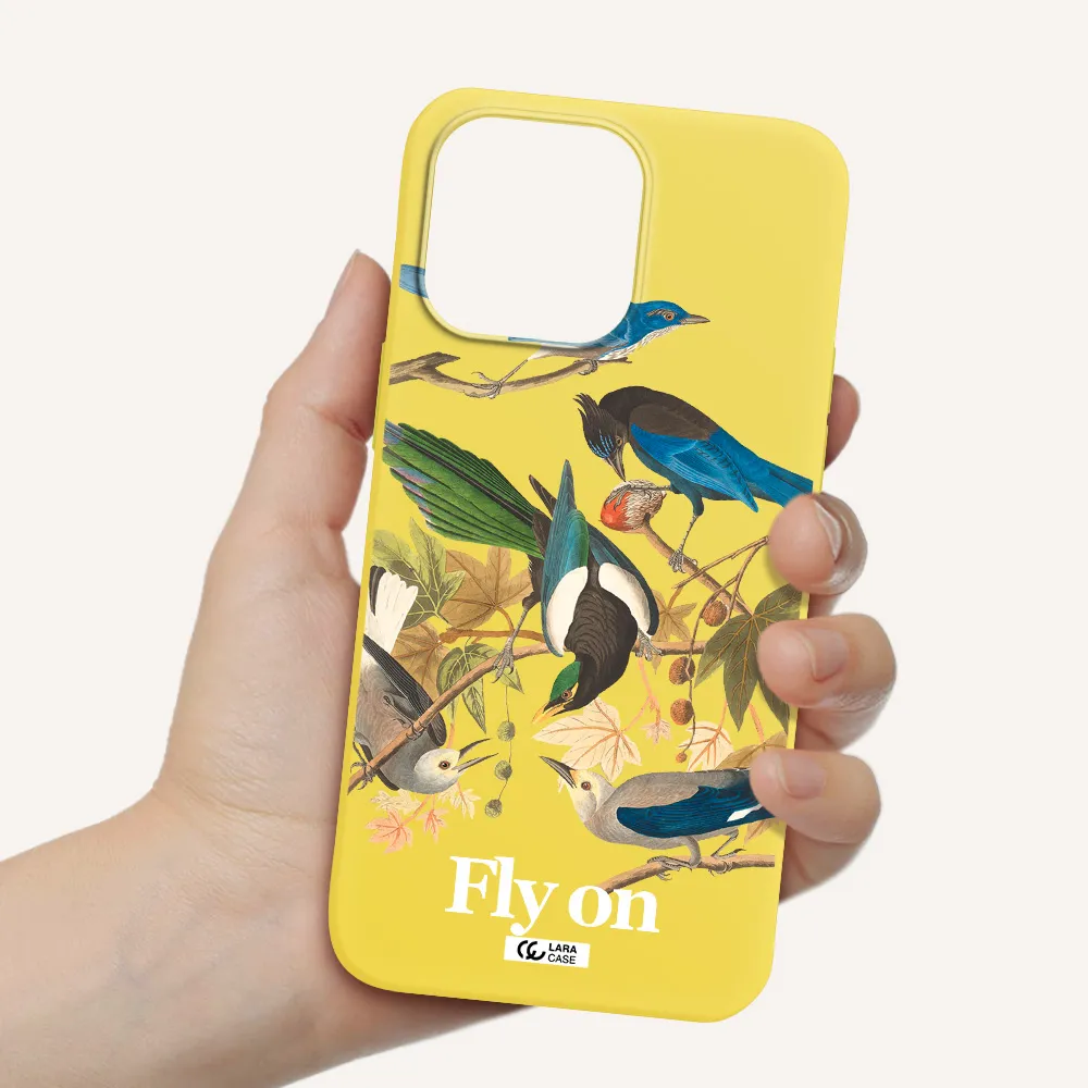 a group of birds on a branch Apple iPhone 14 pro Silicone canary yellow Case