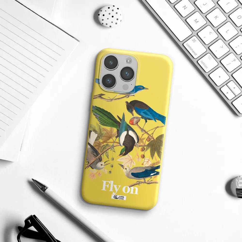 a group of birds on a branch Apple iPhone 14 pro Silicone canary yellow Case