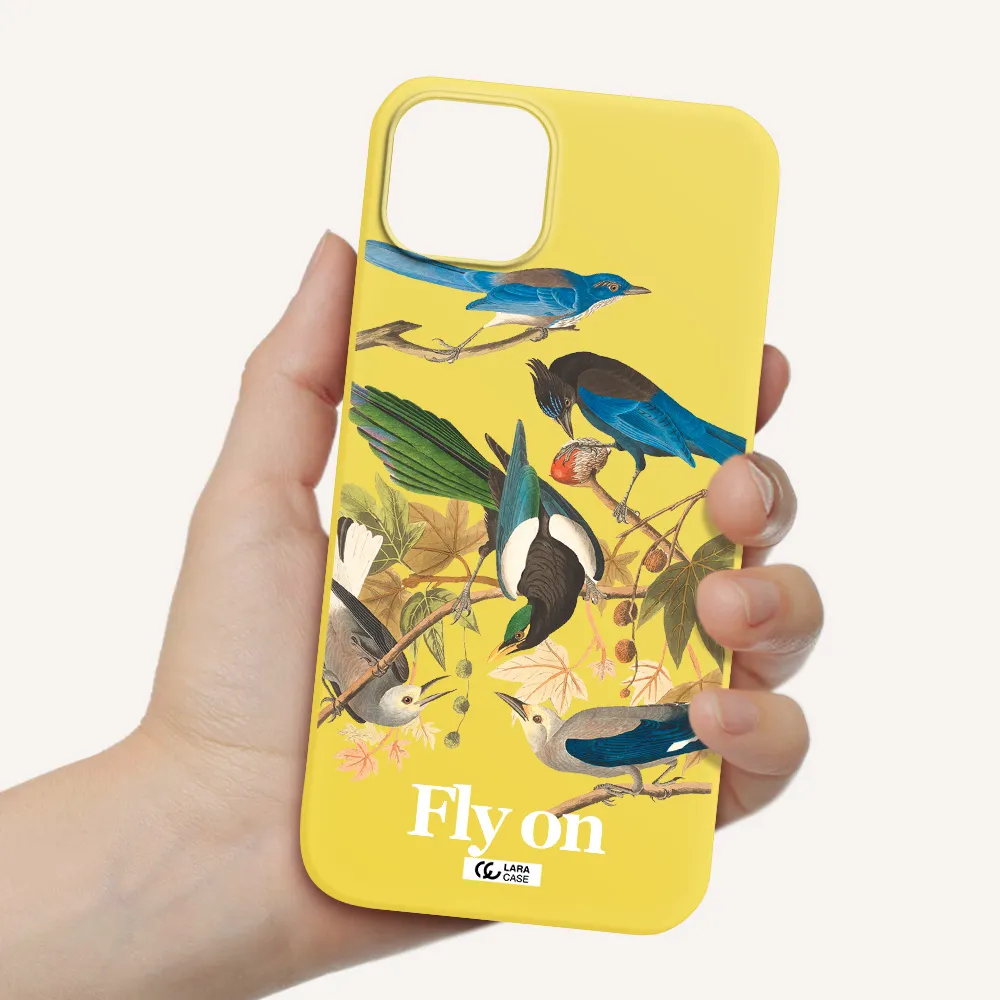 a group of birds on a branch Apple iPhone 14 Silicone canary yellow Case