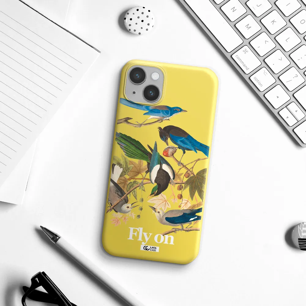 a group of birds on a branch Apple iPhone 14 Silicone canary yellow Case