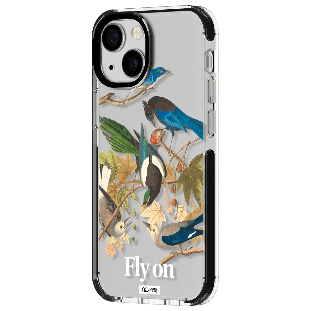 a group of birds on a branch Apple iPhone 15 impact black border Case